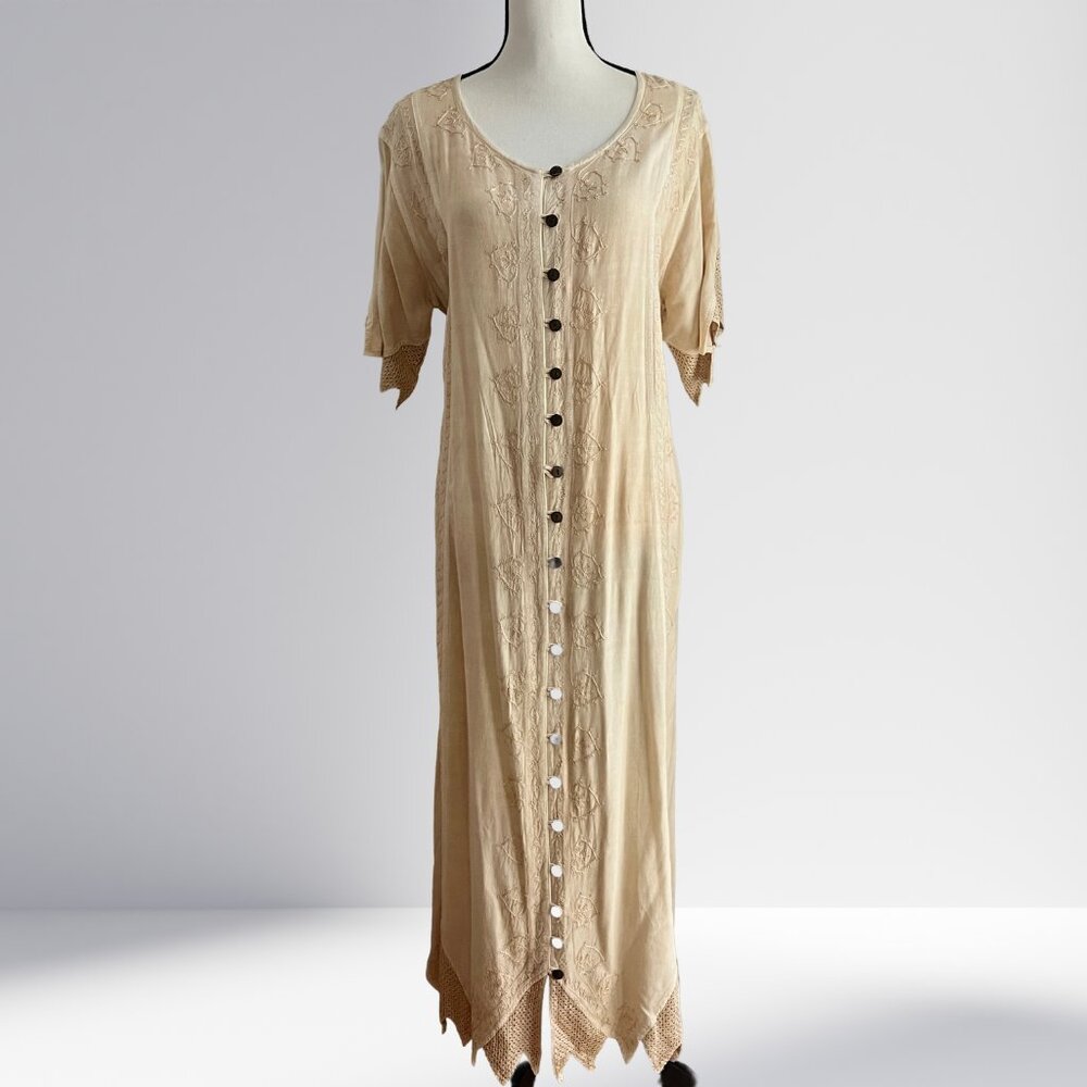 Vintage My Choice Cream Ivory Embroidered Maxi Dress Tie-Back Crochet Boho 90s